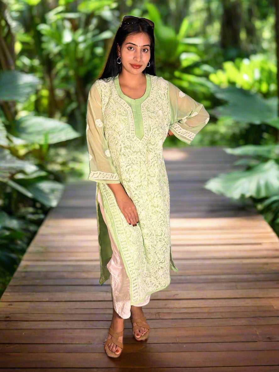 Lucknowi Chikankari Light Green Georgette Kurti-K000068