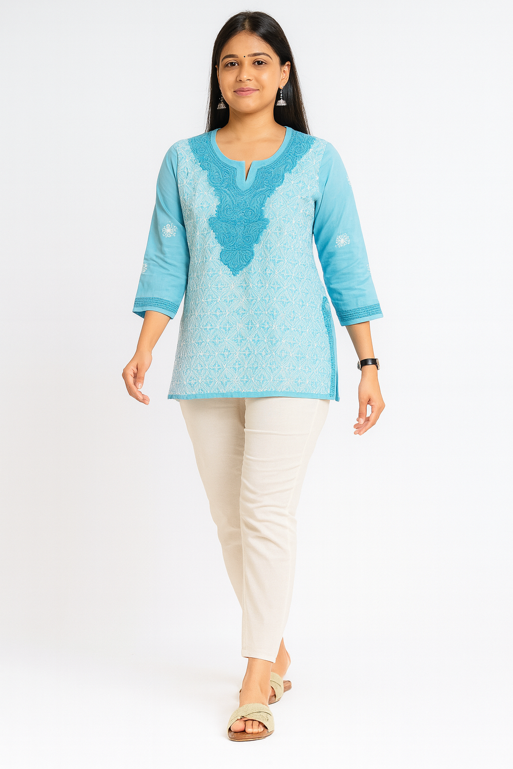 Lucknowi Chikankari Blue 'Aab-e-Asmaan' Cotton Short Kurti-T50027