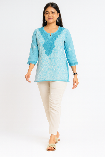 Lucknowi Chikankari Blue 'Aab-e-Asmaan' Cotton Short Kurti-T50027