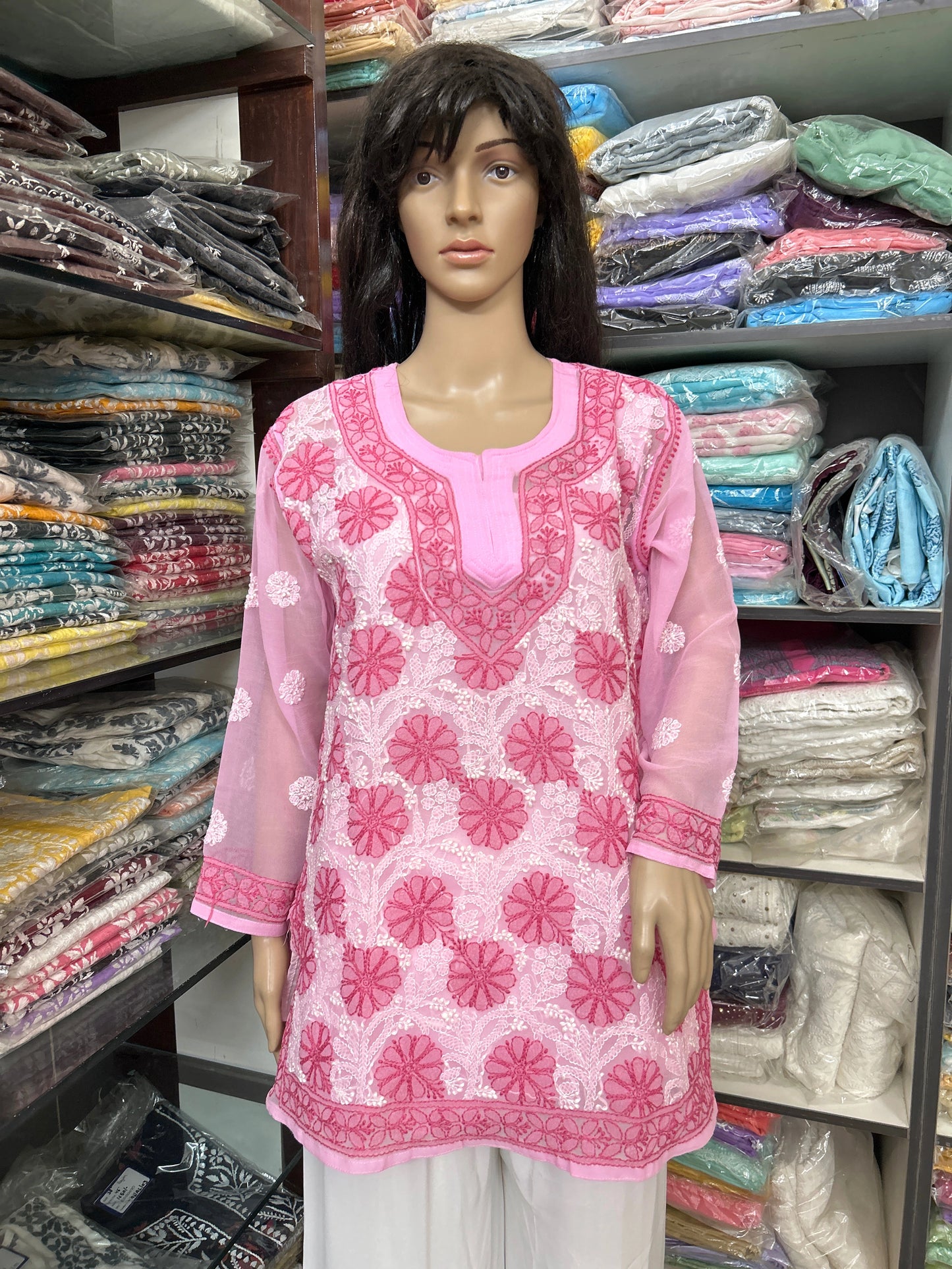 Lucknowi Chikankari Pink 'Shagufta' Georgette Short Kurti-T40002