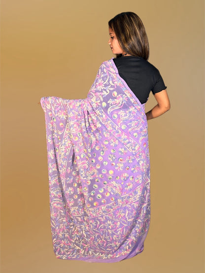 Lucknowi Chikankari Purple Georgette Saree (With Blouse)-S00030