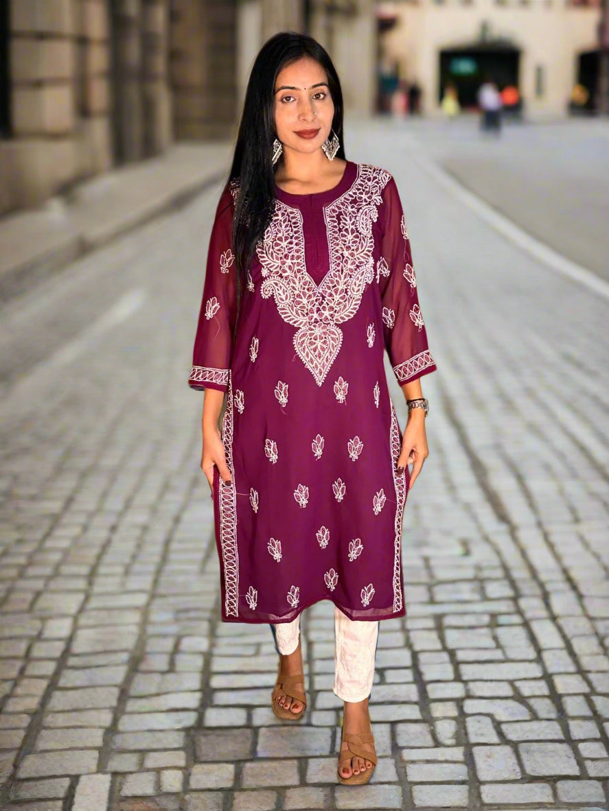 Lucknowi Chikankari Wine Georgette Kurti-K000066