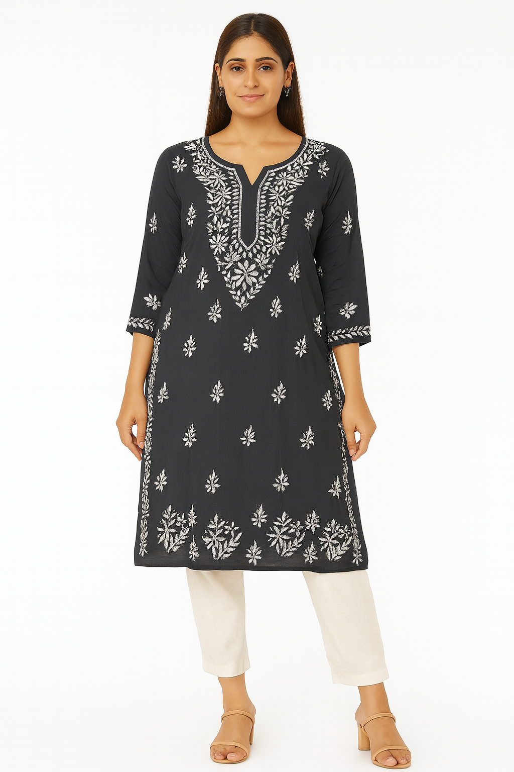Lucknowi Chikankari Grey 'Dhoondhla' Modal Kurti-K000187