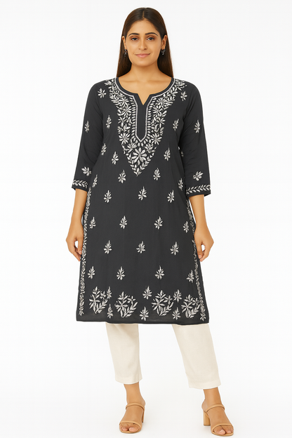 Lucknowi Chikankari Grey 'Dhoondhla' Modal Kurti-K000187