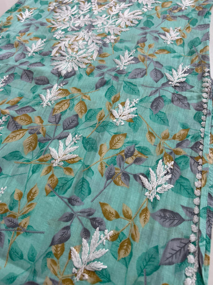 Lucknowi Chikankari Green Printed Cotton Kurti-K000175
