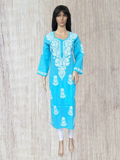 Lucknowi Chikankari Blue 'Aab-e-Asmaan' Cotton Kurti-K000113
