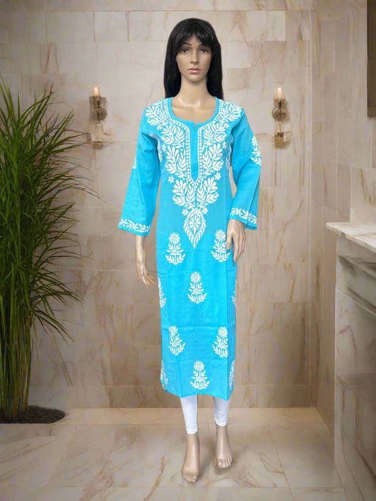 Lucknowi Chikankari Blue Cotton Kurti-K000113