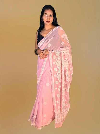 Lucknowi Chikankari Pink Georgette Saree (With Blouse)-S00007