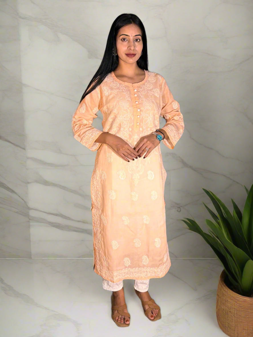 Lucknowi Chikankari Orange Cotton Kurti-K000058