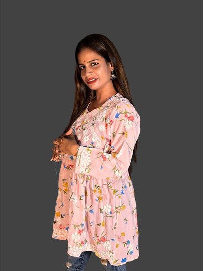 Lucknowi Chikankari Pink 'Shagufta' Printed Georgette Angrakha Styled Short Kurti-T40004