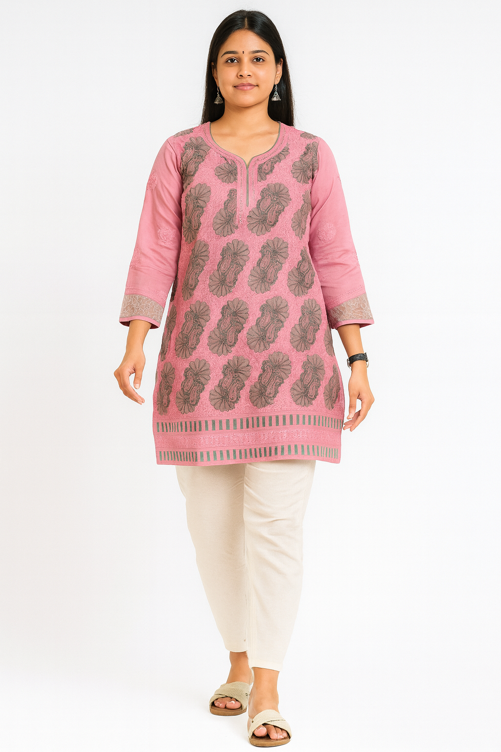 Lucknowi Chikankari Pink 'Shagufta' Cotton Short Kurti-T50028