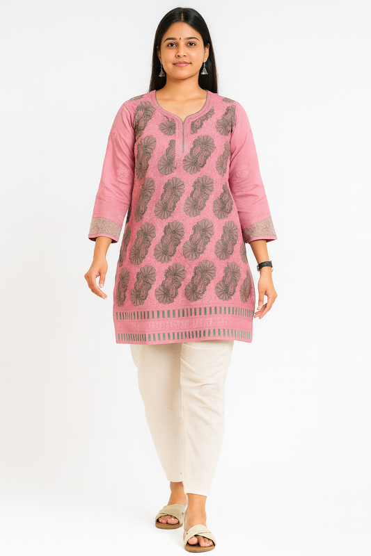 Lucknowi Chikankari Pink 'Shagufta' Cotton Short Kurti-T50028