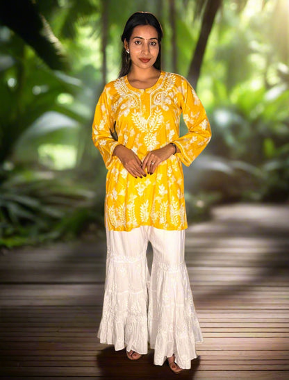 Lucknowi Chikankari Yellow Printed Cotton Short Kurti-T000019