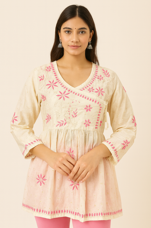 Lucknowi Chikankari Fawn Chanderi Angrakha Styled Short Kurti-T50021