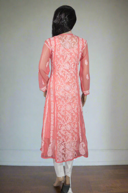 Lucknow Chikankari Peach Georgette Anarkali-K000006