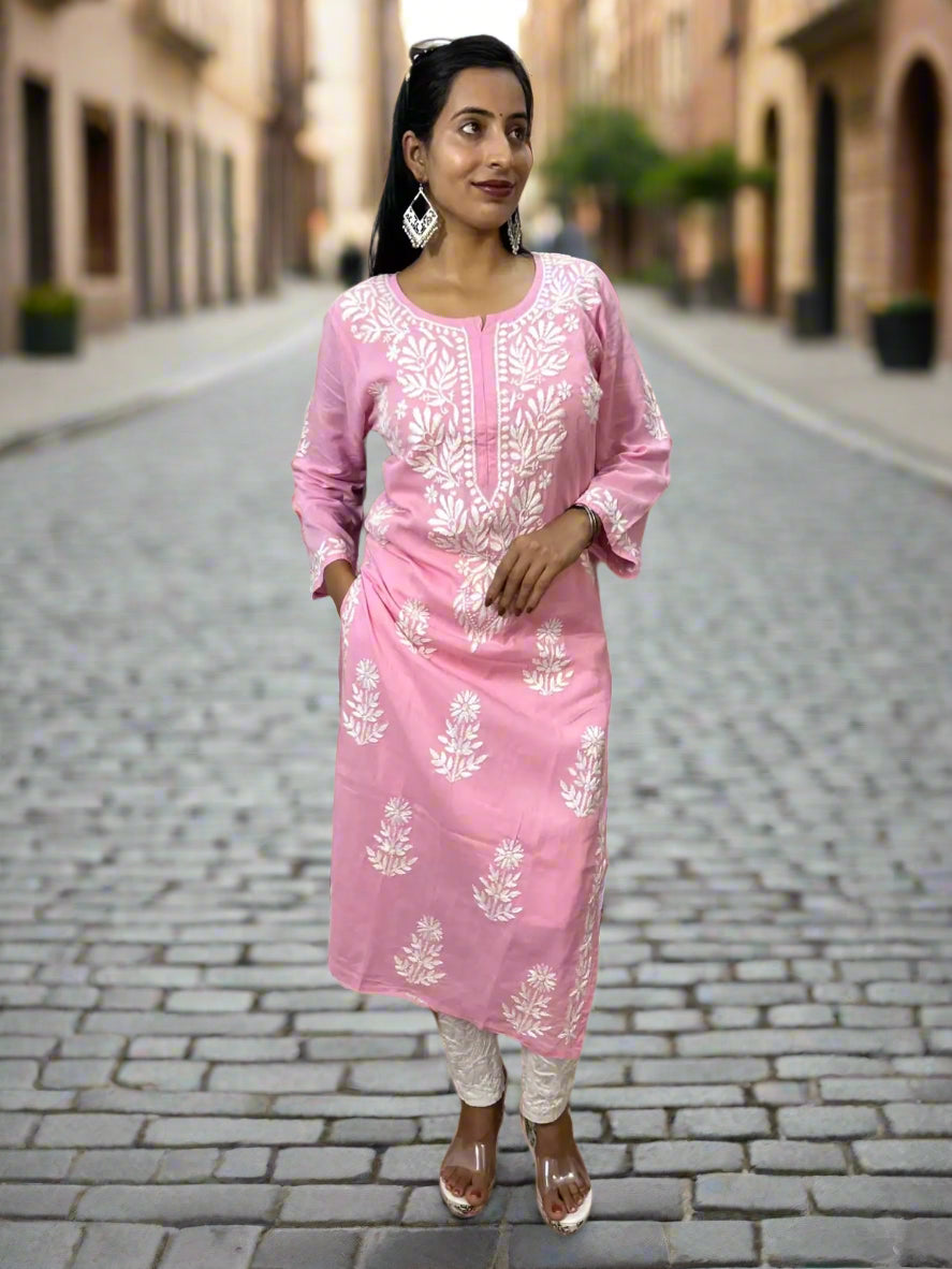 Lucknowi Chikankari Baby Pink Cotton Kurti-K000116