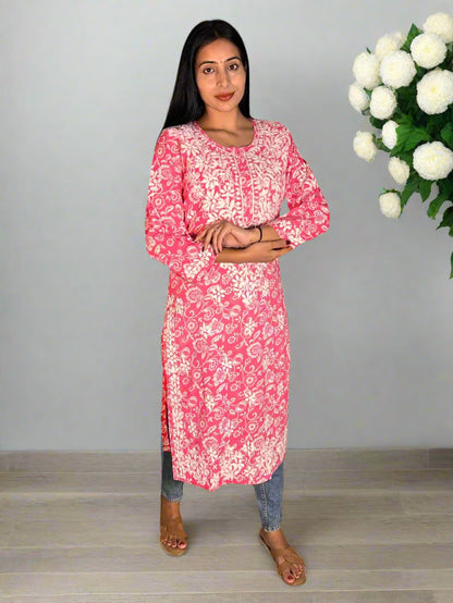 Lucknowi Chikankari Pink Printed Cotton Kurti-K000069