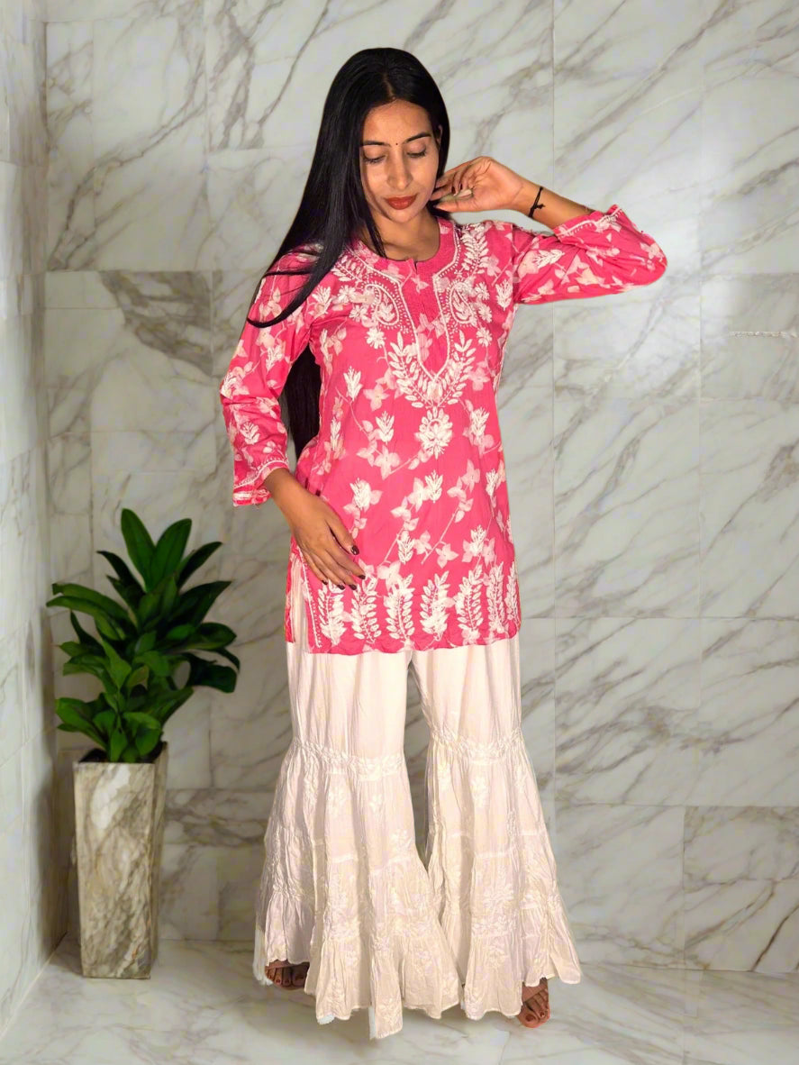 Lucknowi Chikankari Pink Printed Cotton Short Kurti-T000021