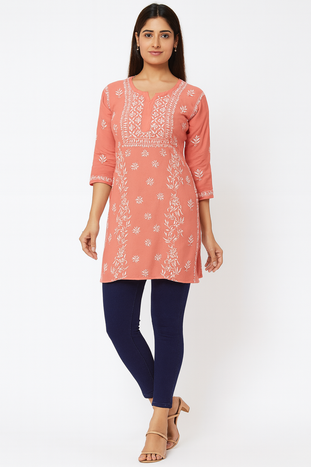 Lucknowi Chikankari Peach 'Aarooi' Viscose Short Kurti-T30009