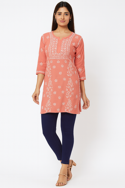 Lucknowi Chikankari Peach 'Aarooi' Viscose Short Kurti-T30009
