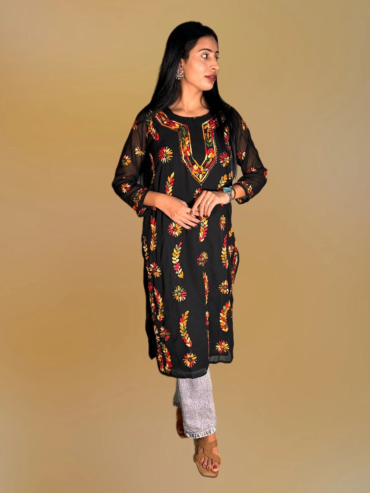 Lucknowi Chikankari Black Georgette Kurti-K000055