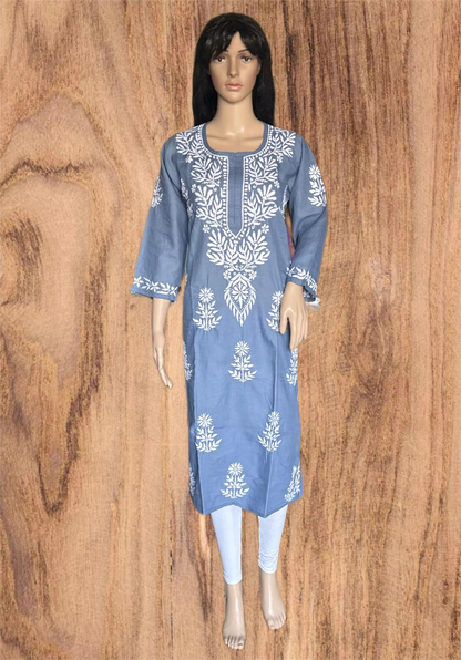 Lucknowi Chikankari Bluish Grey 'Dhoondhla' Cotton Kurti-K000117