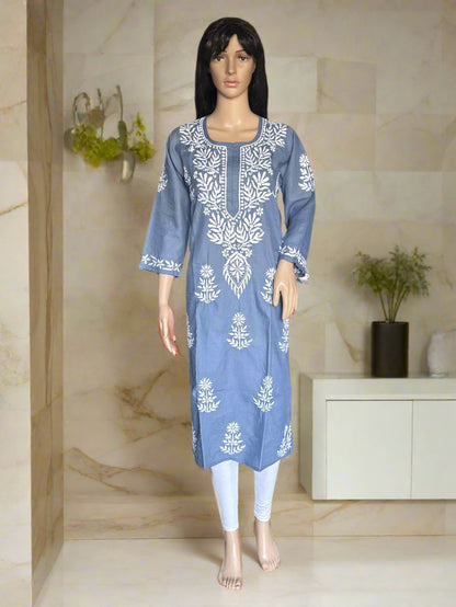 Lucknowi Chikankari Bluish Grey Cotton Kurti-K000117