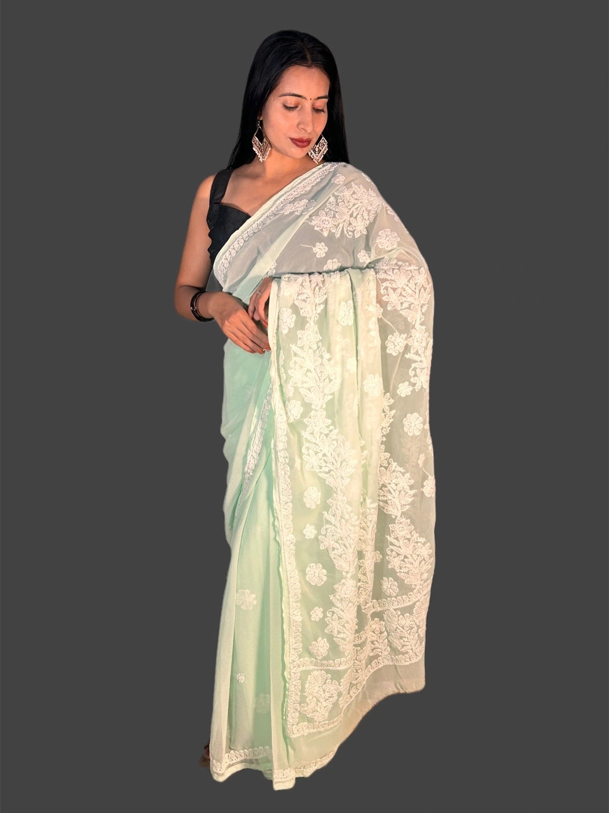 Lucknowi Chikankari Green Georgette Saree (With Blouse)-S00004