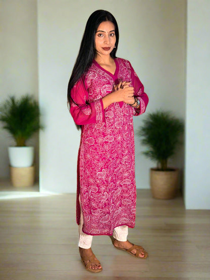 Lucknowi Chikankari Magenta Georgette Kurti-K000034