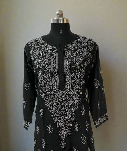 Lucknowi Chikankari Plus Size Black Cotton Kurti-Pl100006