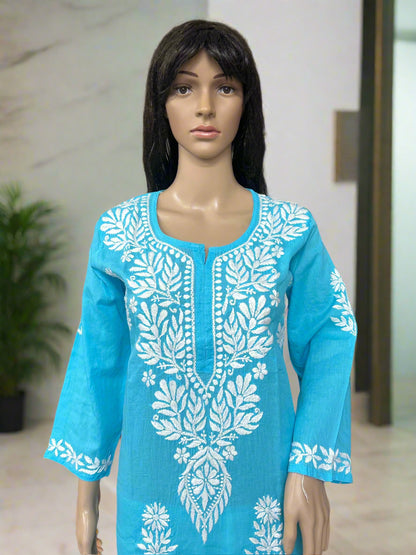 Lucknowi Chikankari Blue Cotton Kurti-K000113