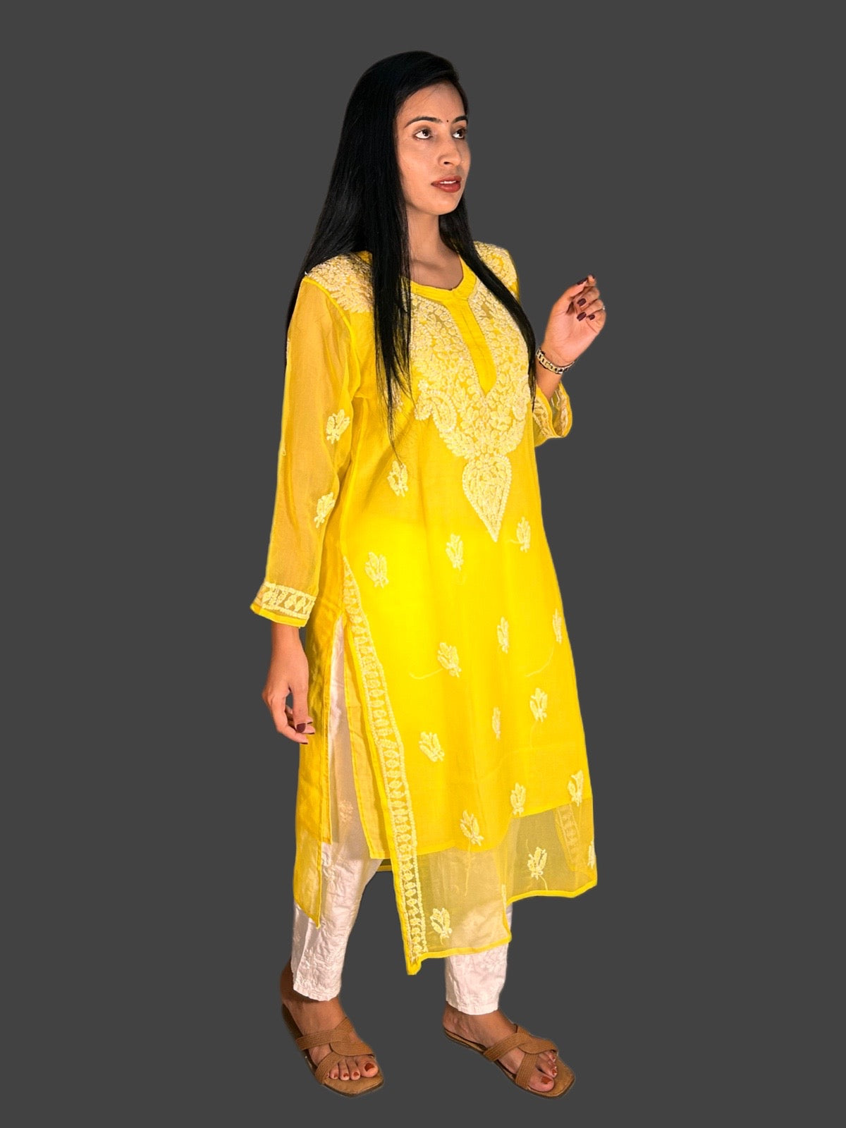 Lucknowi Chikankari Yellow Georgette Kurti-K000052