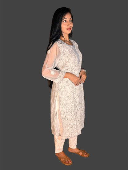 Lucknowi Chikankari Grey Georgette Kurti-K000045