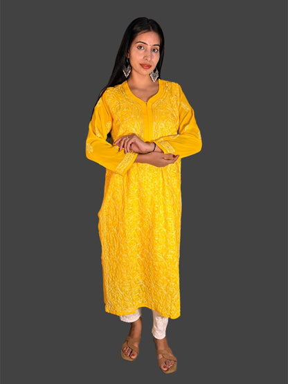 Lucknowi Chikankari Yellow Georgette Kurti-K000067