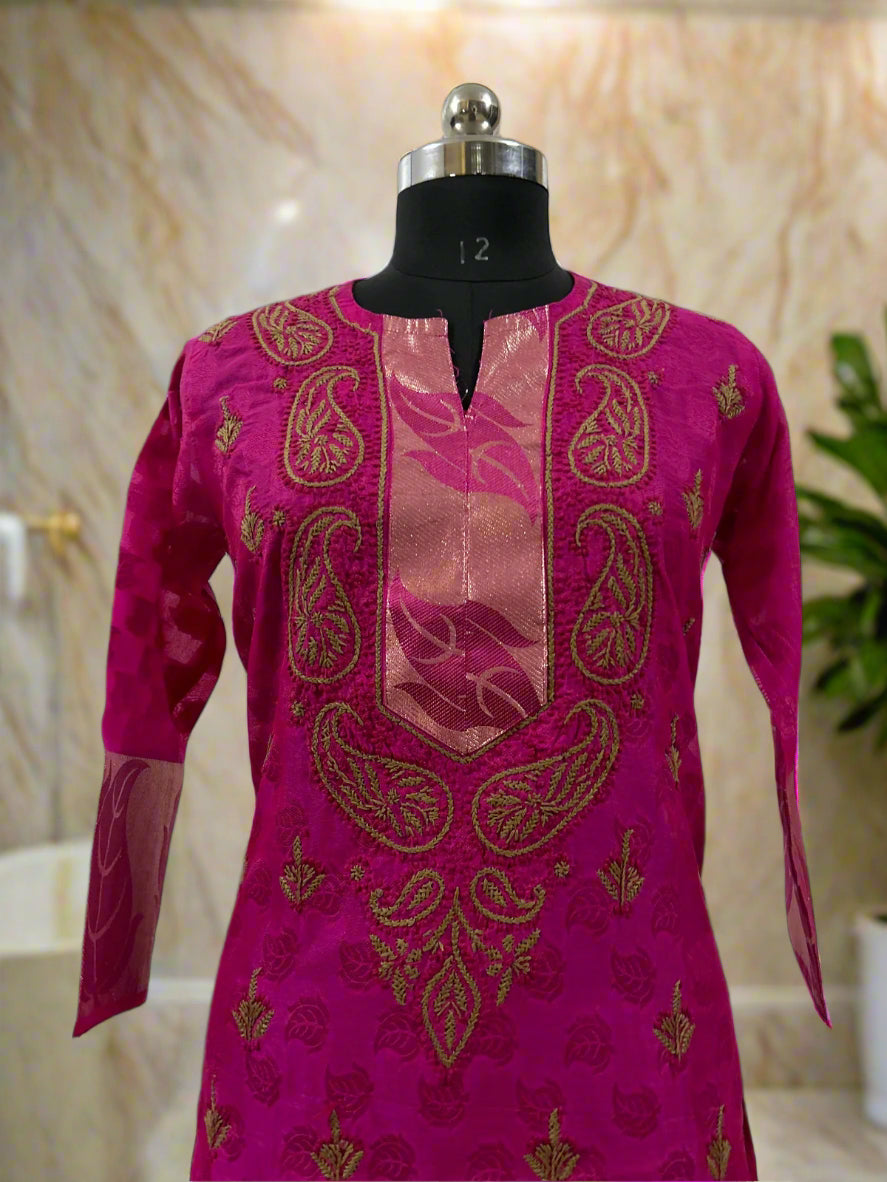 Lucknowi Chikankari Magenta Chanderi Kurti-PE00006