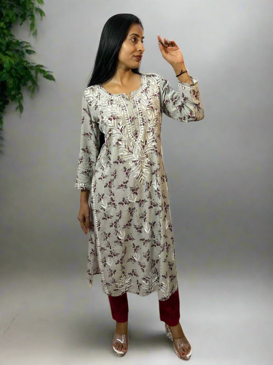 Lucknowi Chikankari Grey Printed Cotton Kurti-K000077