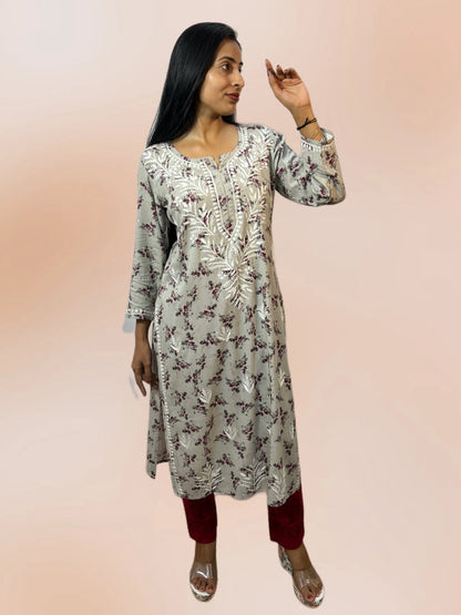 Lucknowi Chikankari Grey Printed Cotton Kurti-K000077