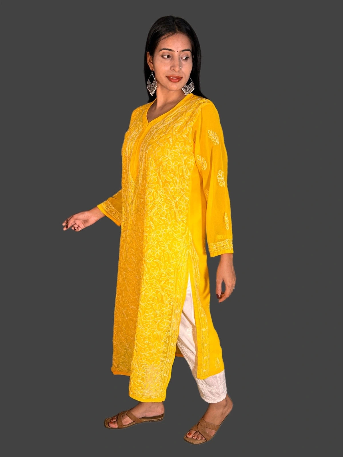 Lucknowi Chikankari Yellow Georgette Kurti-K000067