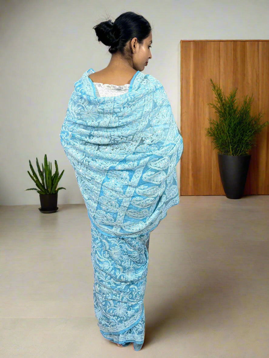 Lucknowi Chikankari Sky Blue Georgette Saree (With Blouse)-PF100008