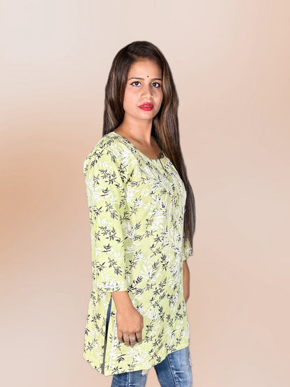 Lucknowi Chikankari Light Pista Green 'Bahar' Printed Rayon Short Kurti-T000007