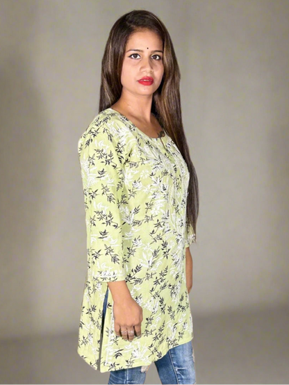 Lucknowi Chikankari Light Pista Green Printed Rayon Short Kurti-T000007