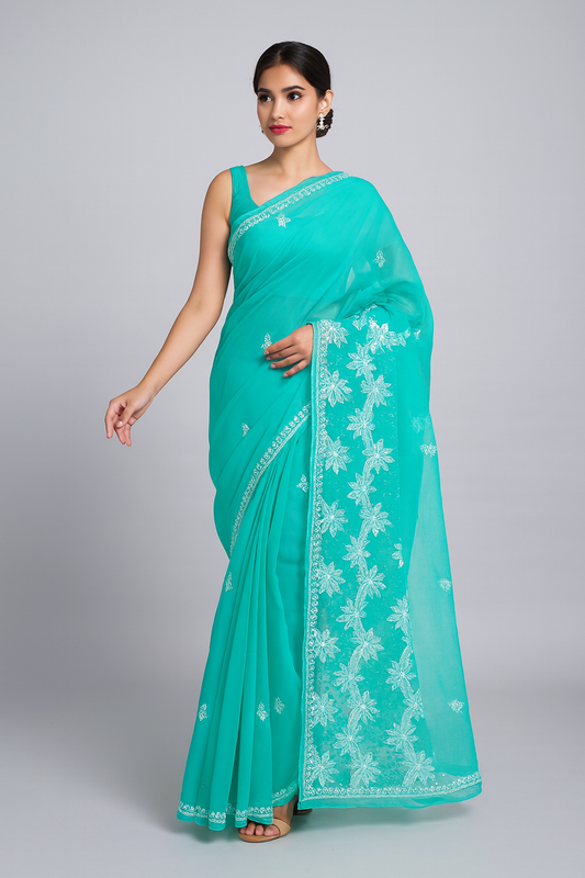Lucknowi Chikankari Green 'Bahar' Georgette Saree (With Blouse)-S00034
