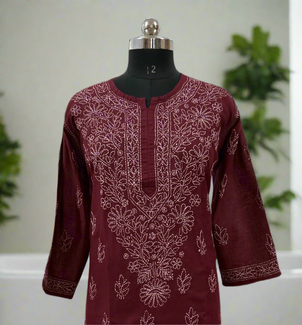 Lucknowi Chikankari Plus Size Maroon Cotton Kurti-Pl100001