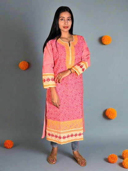 Lucknowi Chikankari Pink Cotton Kurti-K000001