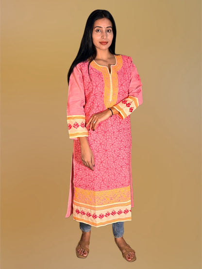 Lucknowi Chikankari Pink 'Shagufta' Cotton Kurti-K000001