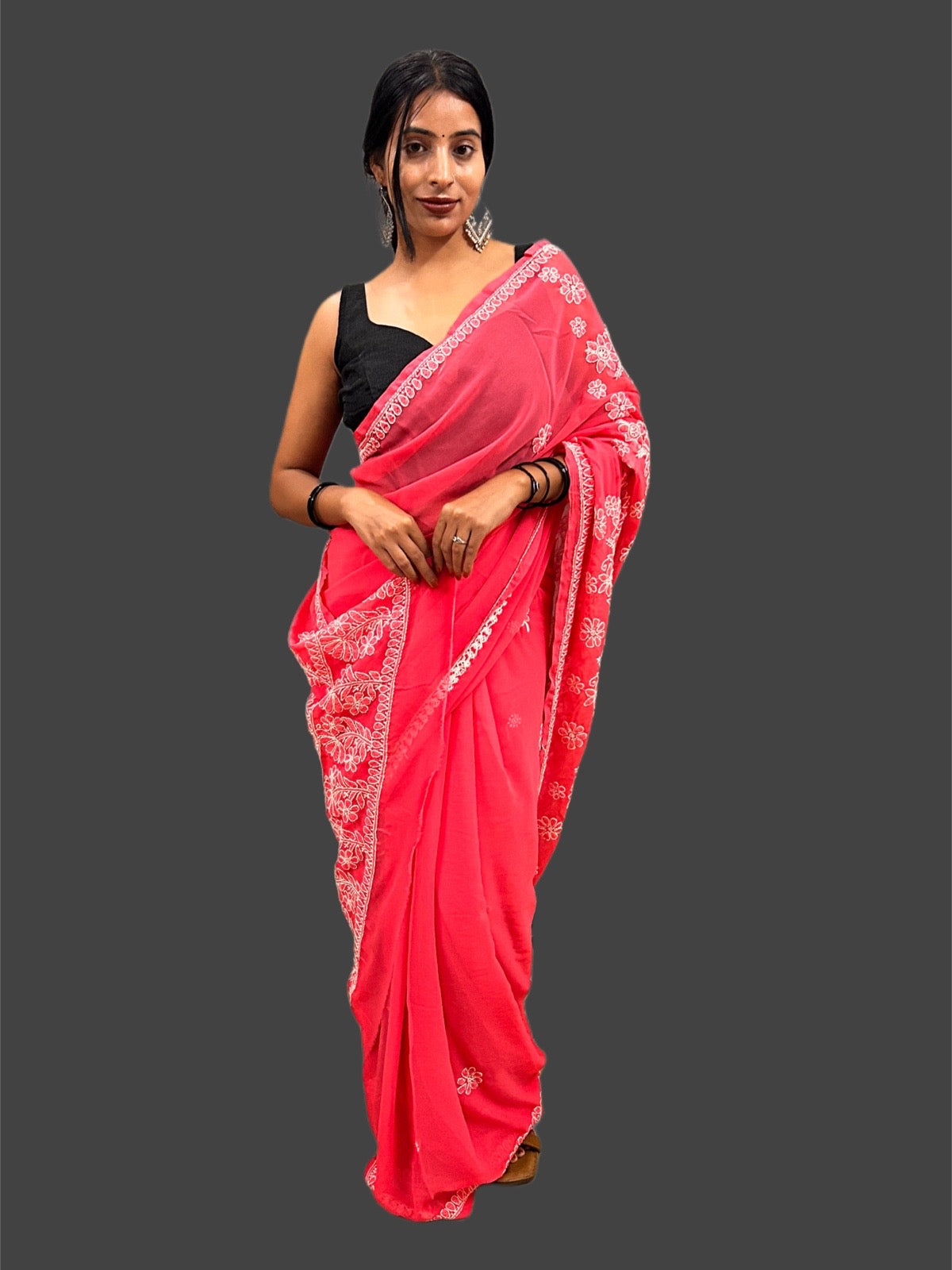 Lucknowi Chikankari Coral Pink Georgette Saree (With Blouse)-S00005