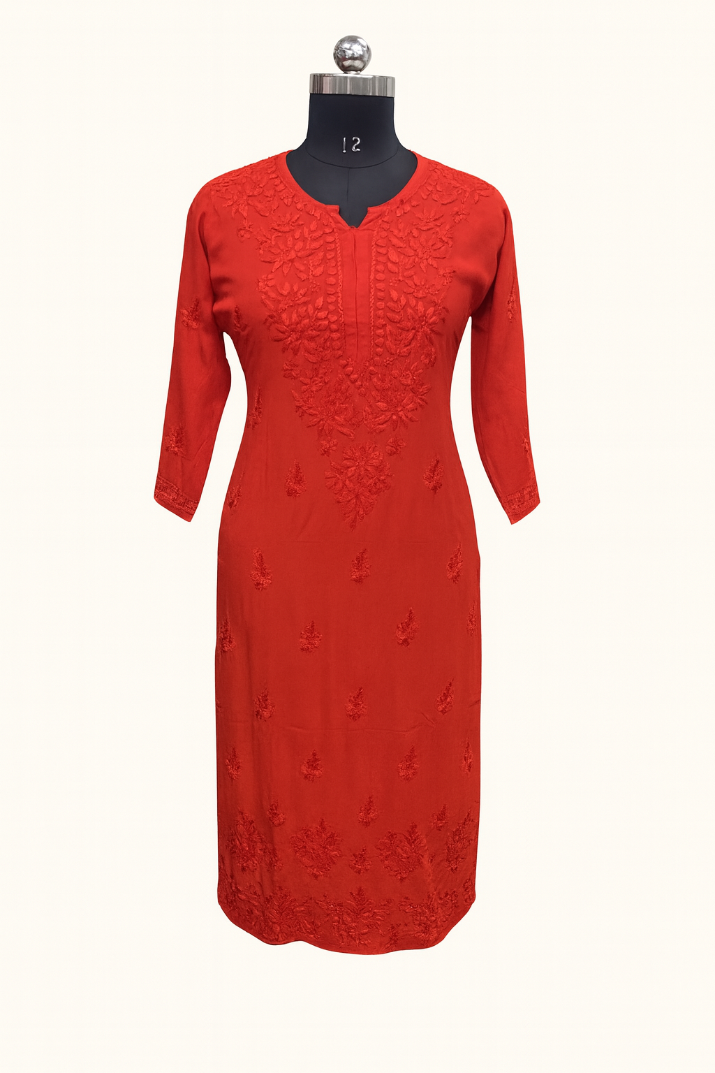 Lucknowi Chikankari Red Modal Kurti-K000192