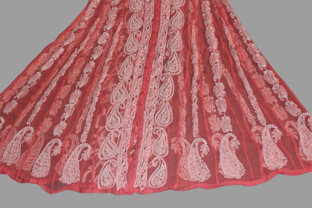 Lucknow Chikankari Peach 'Aarooi' Georgette Anarkali-K000006