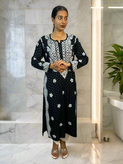 Lucknowi Chikankari Black Rayon Kurti-K000088