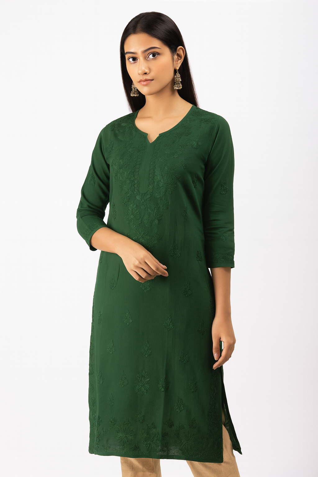 Lucknowi Chikankari Green 'Bahar' Modal Kurti-K000189